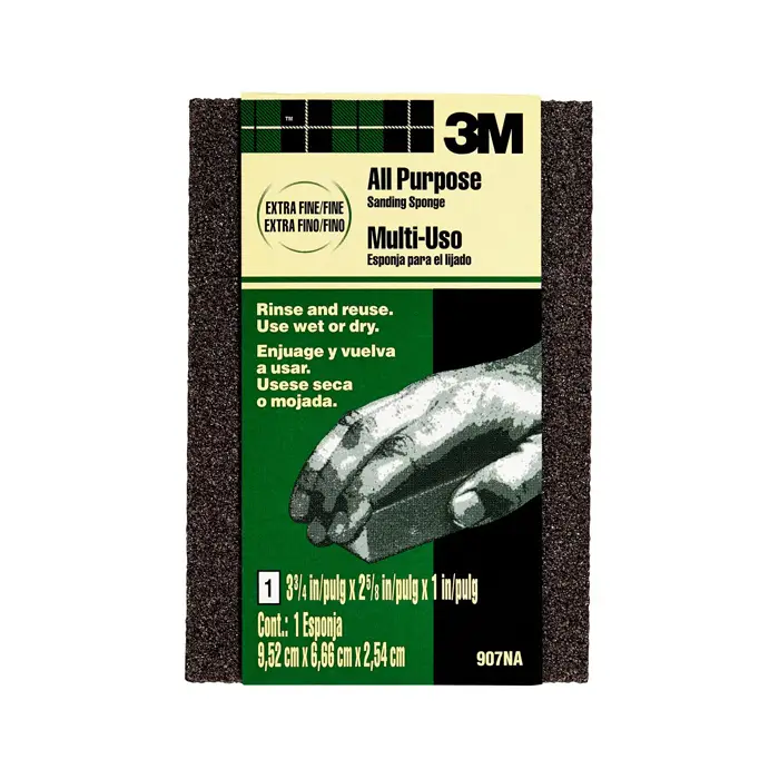 33/4" x 25/8" x 1" 3M 907NA All Purpose Sanding Sponge, Extra Fine/Fine Sandpaper